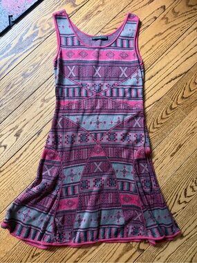 Peruvian Connection Pink & Gray Patterned Knit Mini Dress